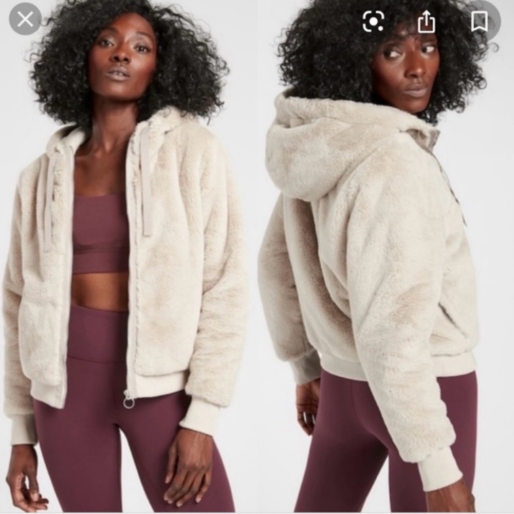 ATHLETA Faux Fur Zip Up Hoodie with zipper pockets and hidden mesh pocket